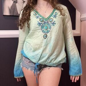 y2k teal and blue watercolor rhinestone beaded long sleeve top small